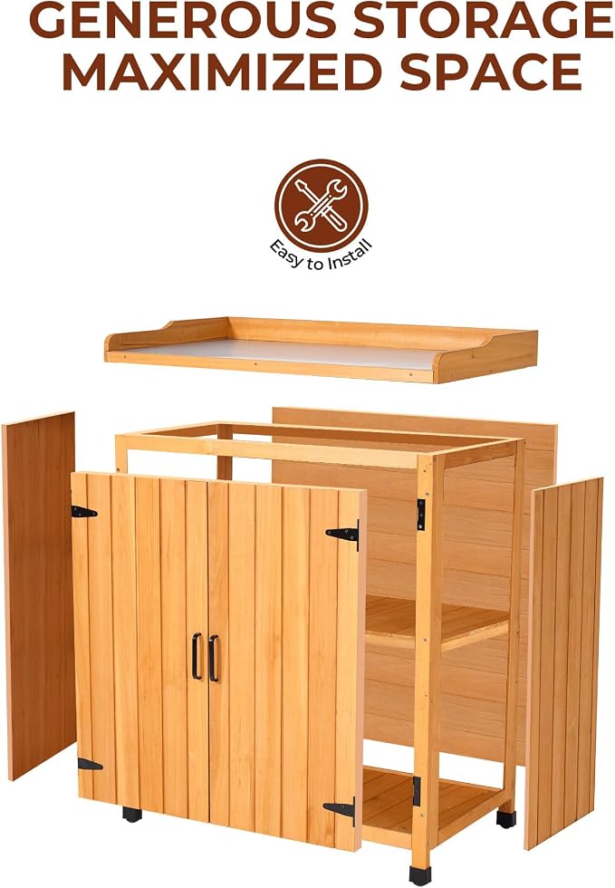 Outdoor Potting Bench with Metal Top, Wooden Garden Storage Cabinet & Tool Shed, Weather-Resistant Workstation for Patio, Backyard, Poolside (Yellow)