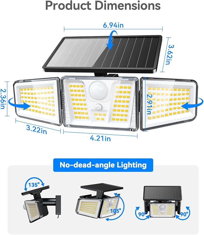 KOOPER Solar Flood Lights, 210 LED Motion Sensor Outdoor Lights, Solar Motion Lights Outdoor Waterproof, 3 Heads 300° Wide Angle Outdoor Security Lights for Yard Patio Garage Entryways, 2 Pack, Black