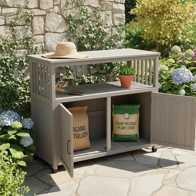 Wooden Outdoor Storage Cabinet, Outdoor Bar Table Cabinet with Storage, Outdoor Buffet Sideboard for Patio, Garden, Potting Bench, TV Stand, Bar Table, Balcony, Grey