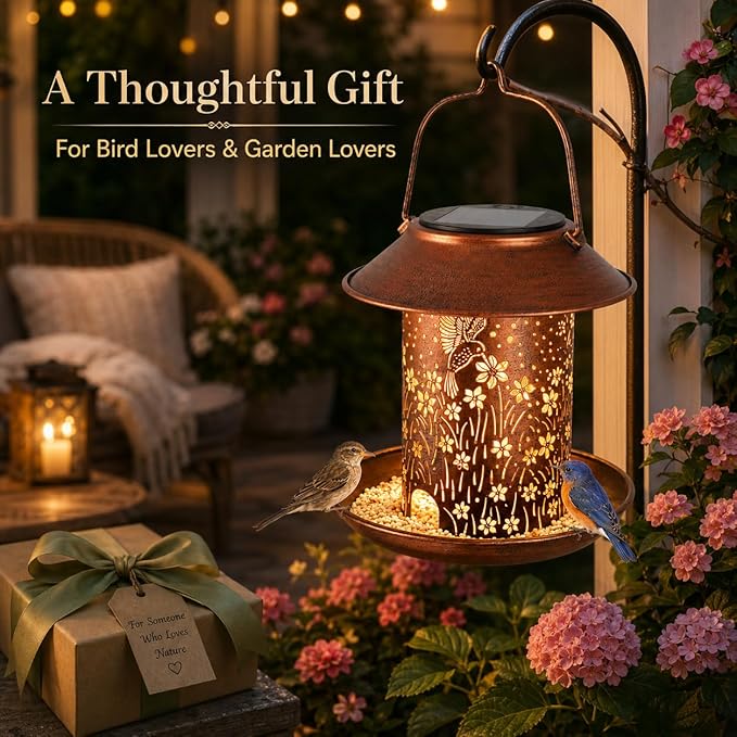 Bird Feeders for Outdoors Hummingbird Solar Lanterns Outdoor Waterproof Hanging Garden Decor Birthdays for Women Mom Metal Solar Decoration Outside for Yard, Patio,