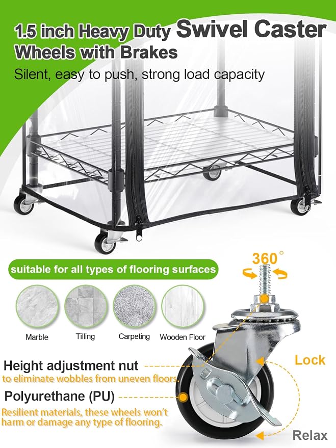 5-Tier Mini Greenhouse with Caster Wheels, Each Shelf Height Adjustable Metal Plant Shelf with PVC Cover for Seed Starting Trays, Seedling Pots, Plant Pots, 11x16x57inch