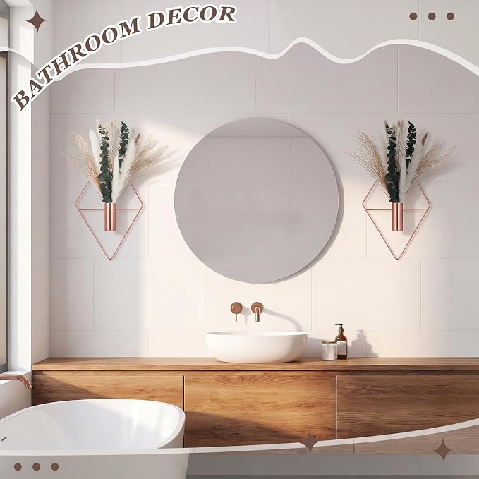 Canlierr 4 Pcs Rose Gold Wall Decor Hanging Planters with Artificial Plants Eucalyptus Pampas Grass Metal Hanging Vase Indoor Plants Holder Modern Boho Wall Art for Bathroom Bedroom Living Room Decor