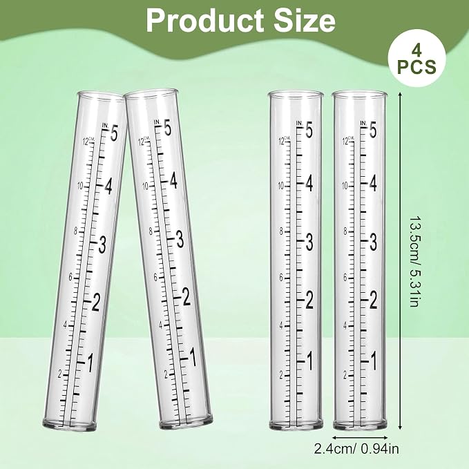 4 Pcs Rain Gauge Replacement Tubes, 5 Inch/12cm Clear Plastic Rain Gauge Tube with Dual Scales for Outdoor Garden Yard Home Using, Durable and Accurate