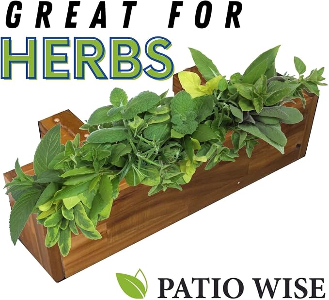 Patio Wise Acacia Wood Railing Planter Box, Outdoor Hanging Flower, Plant, & Herb Boxes, 20-Inch Wide x 5-Inch Tall x 4.5-Inch Deep Rectangular Porch, Deck, & Balcony Planters, Teak Color