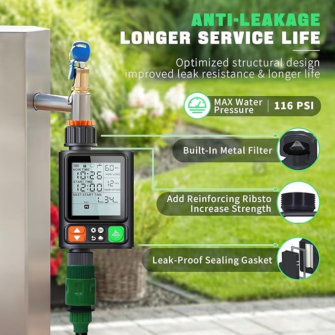 Sprinkler Timer for Garden Hose, Upgrade 10 Programmable Water Timer with Auto Rain Delay, IP54 Waterproof 3.3“ Large LCD Drip Irrigation System Timers for Plant, Yard, Lawns, Outdoor