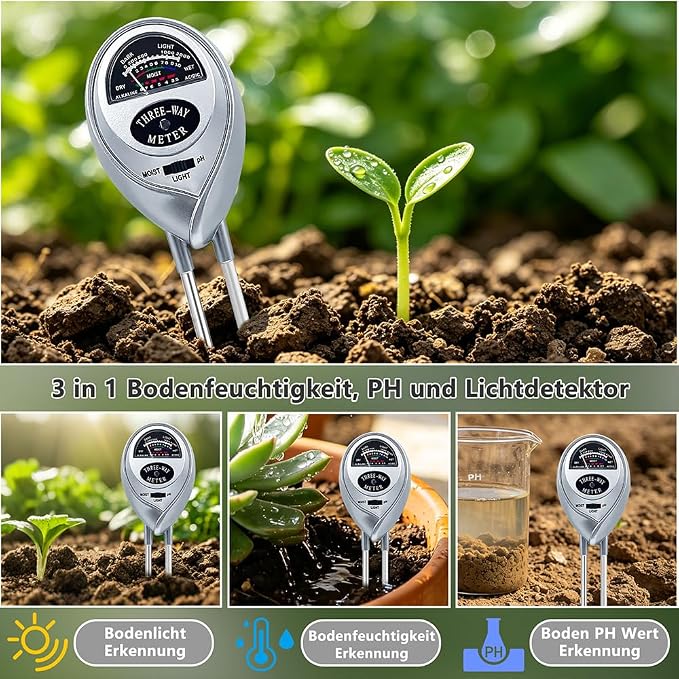 3 in 1 Soil Tester Soil Moisture Fertility pH Tester Soil Test Soil Moisture Meter for Garden Care Lawn Agriculture No Batteries Required