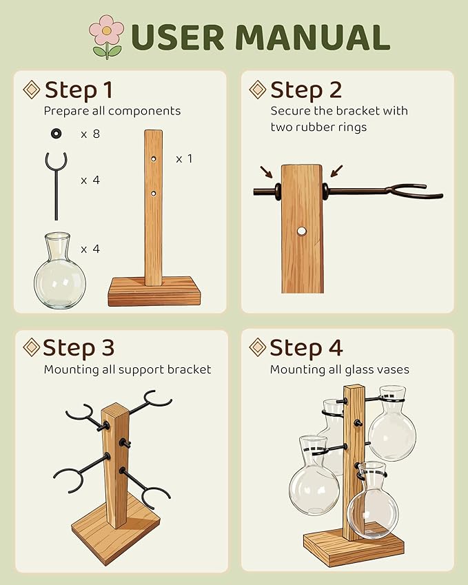 Plant Propagation Stations with Wood Stand, Plant Terrarium for Home Office Garden Decor, Gardening Gifts for Plant Lovers, 4 Glass Propagation Vases (Love Shape)