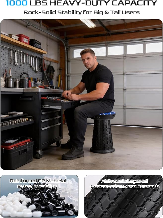 2026 Upgraded XXL Collapsible Stool with Cushion & Bag | 1000lbs Capacity, 21-in Taller & 13-in Wider Retractable Telescoping Stool for Adults, Oversized Camping, Fishing, Concert, Event, Stadium