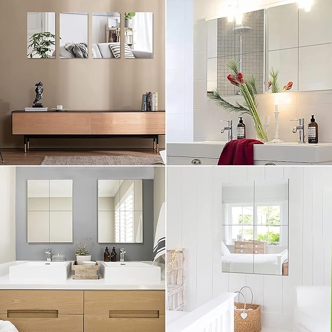 JUNEBRUSHS 8 Pack Self Adhesive Acrylic Mirror, 12x16 Inch Mirror Tiles,Flexible Sheets Wall Stickers, Frameless Small Mirror