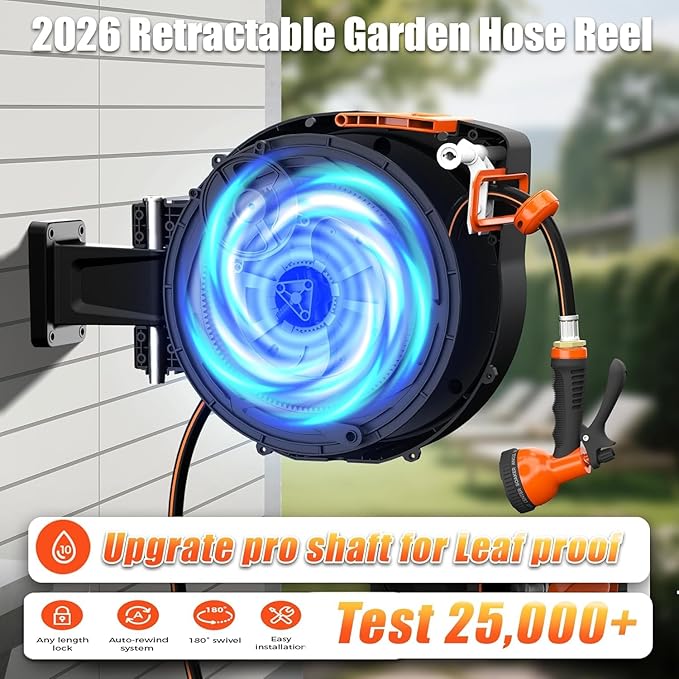 Mars Villa Retractable Garden Hose Reel 1/2 IN x 100 FT, Wall Mount Heavy Duty Water Hose for Outside, Auto-Rewind & Any Length Lock, 180° Swivel Bracket, Slow Return, 10 Spray Patterns, UV-Resistant