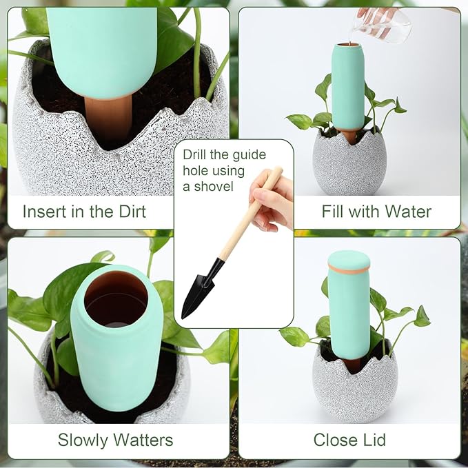 2 Pcs Large Terracotta Watering Spikes Set with Lids 17.5 oz Plant Watering Devices with Mini Shovel Self Water Spikes Plant Globes Insert Gardening Tools for Indoor Outdoor