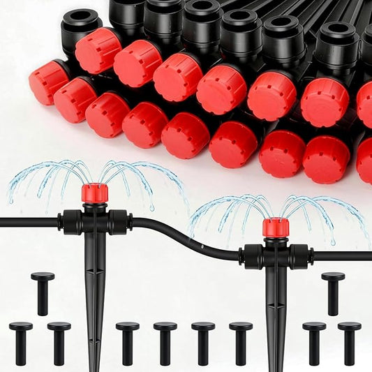20 Pack Quick Connect 1/4 Inch Drip Irrigation Emitters, 1/4'' Drip in-line Pass Through Stream Emitters Adjustable 360 Degree Dripline Stake Emitter with 10 Plugs for DIY Sprinkler Systems