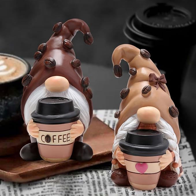 Hodao Coffee Gnome Figurines - Hand-Painted Resin Indoor Decor, Set of 2 Cute Cafe Bar Decorations, Perfect Shelves, Tiered Trays Ornaments, Ideal Gift for Coffee Lovers and Housewarming
