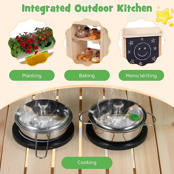 Costzon Mud Kitchen, Wooden Toddler Pretend Cooking Playset w/Runing Water, Blackboard, Water Tank, Faucet, Removable Sink, 4 Planting Pots & Stoves, Outdoor Kids Play Kitchen for Boy, Girl 3+ Years