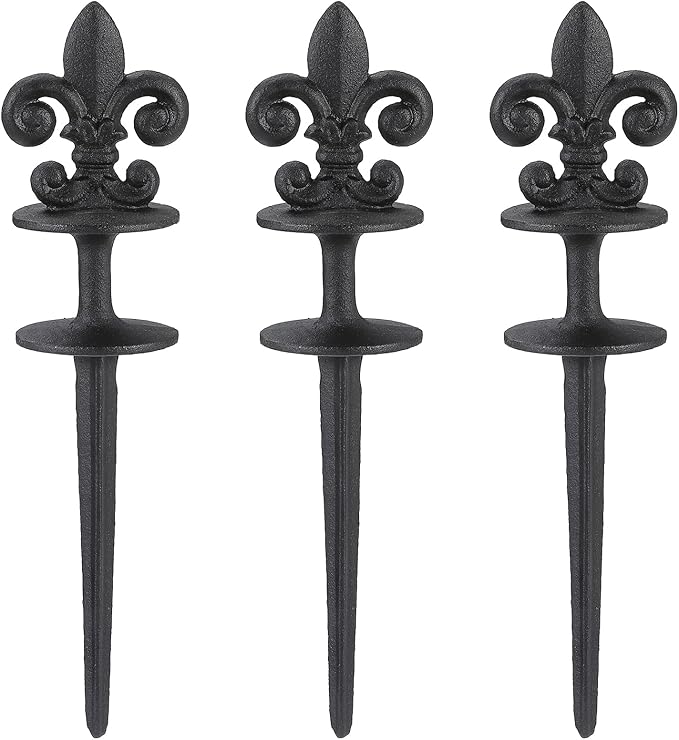Black Metal Hose Guide Stakes, Cast Iron Fleur de Lis Decorative Garden Hose Guide Spikes for Lawn Protection, Set of 3