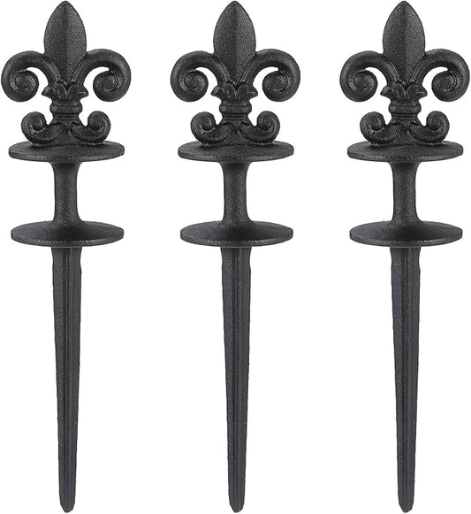 Black Metal Hose Guide Stakes, Cast Iron Fleur de Lis Decorative Garden Hose Guide Spikes for Lawn Protection, Set of 3