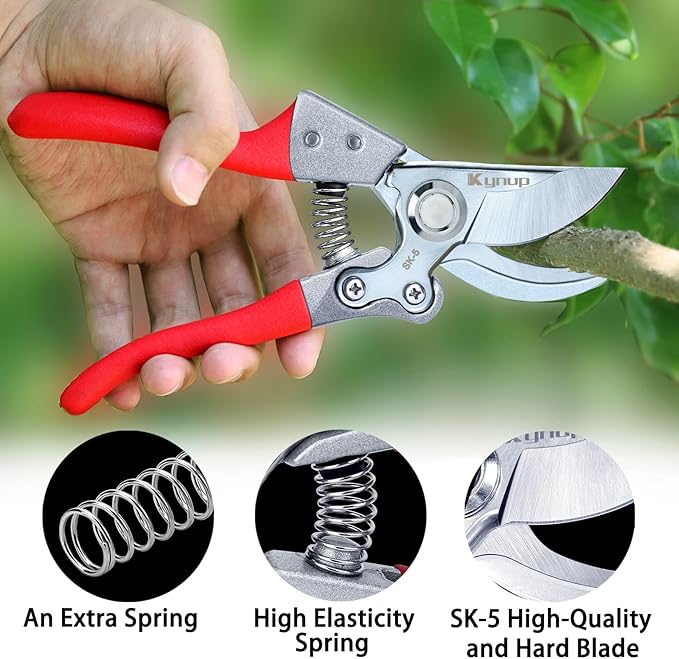 Kynup 8.6" Professional Pruning Shears for Gardening, SK5 Stainless Steel Garden Hand Pruners for Heavy Duty Clean Cuts 4X Easier, Garden Scissors for Arthritis Left Handed, Secure Safety Lock