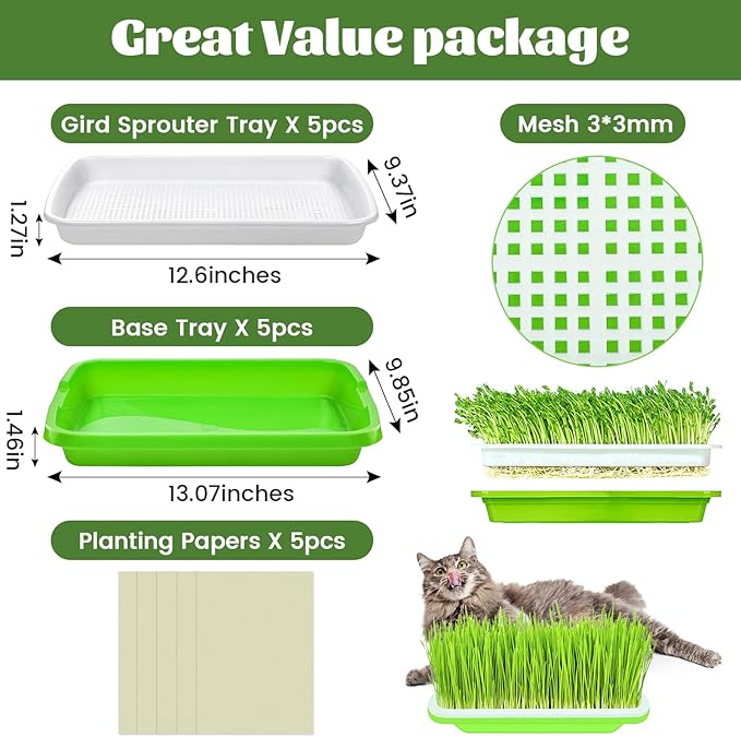 Legigo 5 Pack Green Seed Sprouter Trays- Soil-Free Cultivation Microgreens Tray, BPA Free Nursery Tray with Planting Paper for Indoors or Outdoors Sprouting Seeds, Grow Grass, Beans (Without Lids)