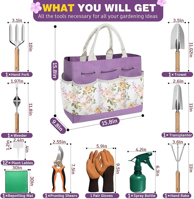 22Pcs Gardening Tools Set for Women Heavy Duty Garden Hand Tool Kit,Birthday Gifts for Mom Wife Grandma Beginner Gardening Accessories with Large Tote Bag/Shovel/Repotting Mat/Plant Labels/Gloves
