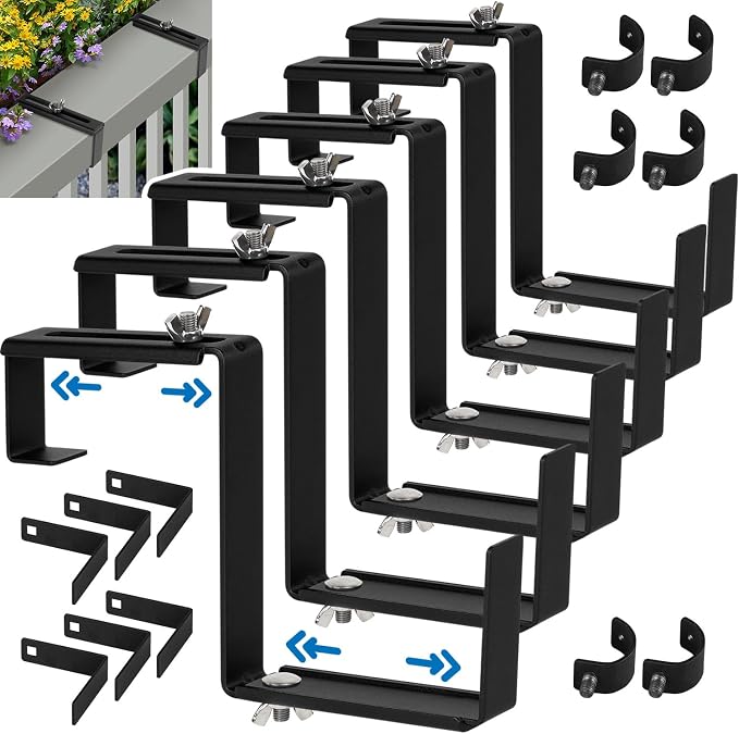 Window Box Bracket, Adjustable Planter Box Bracket, Flower Box Bracket for Railing, No Drill Flower Box Holder, Railing Planter Bracket, Planter Box Bracket for Deck Railing - 3 Pairs - Black