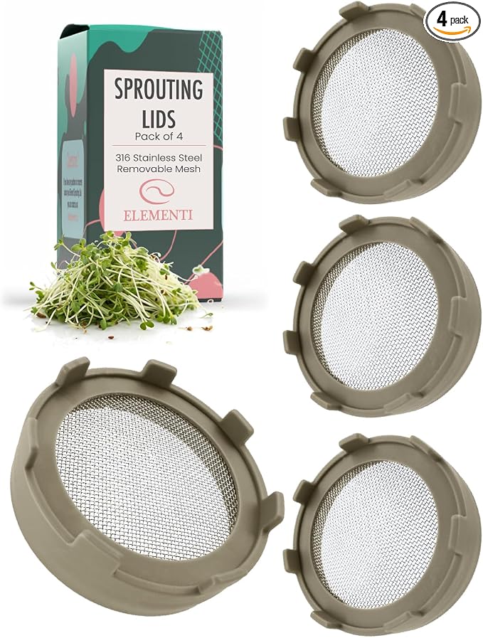 Elementi Sprouting Lids for Wide Mouth Mason Jars (Set of 4), Sprouting Jar Kit for Organic Alfalfa & Micro Greens Sprouts Growing Kit, 316 Stainless Steel Mesh Screen Strainer Lid (Mushroom)