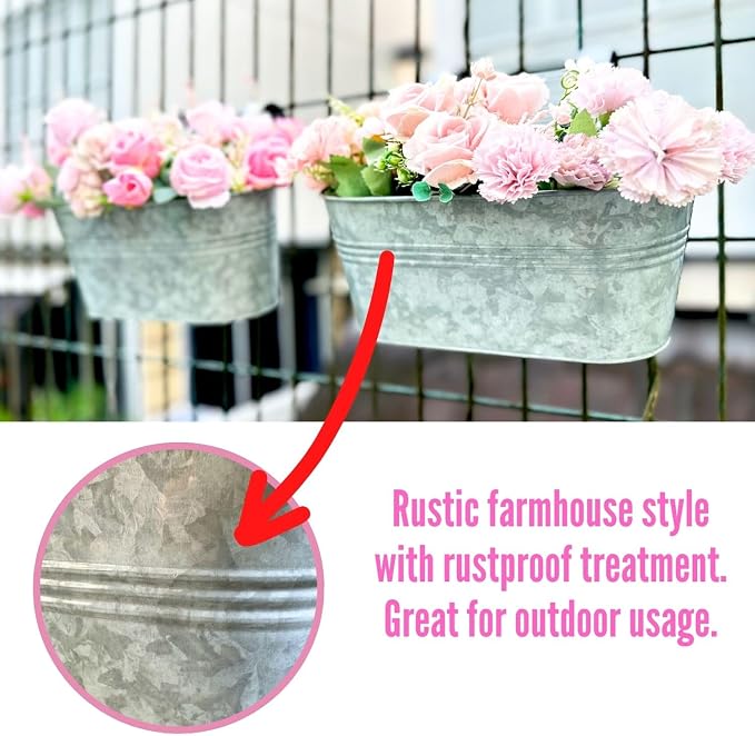 LaLaGreen Outdoor Rail Planter (11.2 Inch, 6 Pack) Silver Metal Iron Hanging Flower Pots Deck Railings Fence Buckets Modern Countryside Boho Style Wall Mount Window Box Plant Holder Hooks Porch Decor