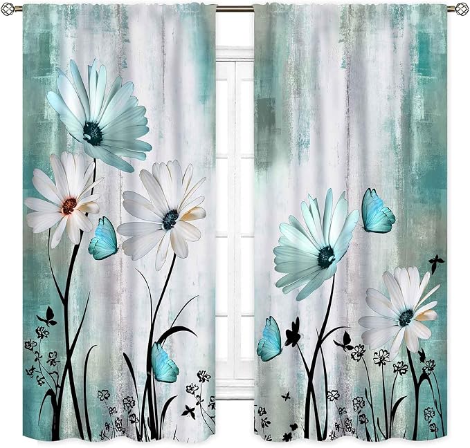 Teal White Daisy Curtains, Farmhouse Modern Flower Retro Floral Spring Butterfly Rural Country Style Turquoise Window Curtains for Living Room Bedroom Kitchen Bathroom 2 Panels, 55"x63" Inch
