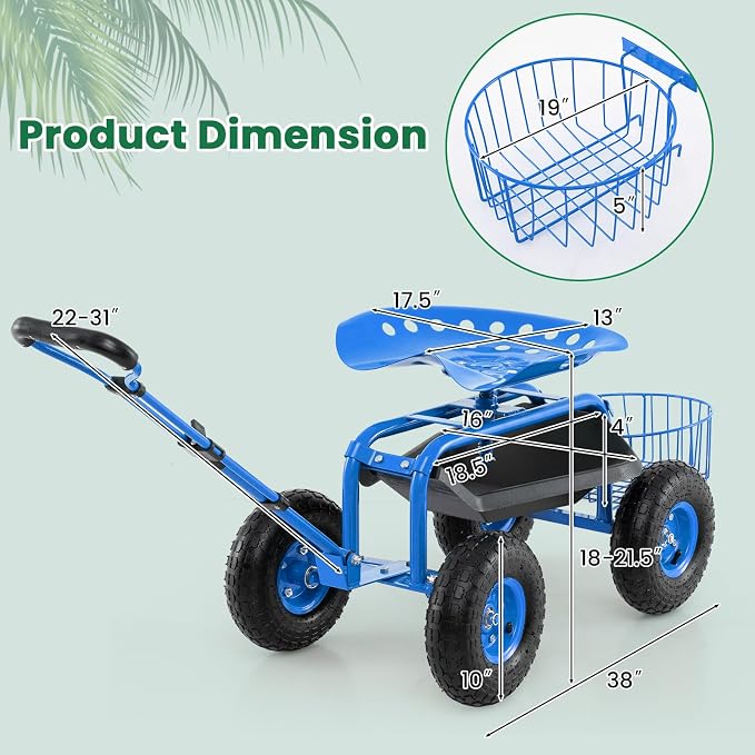 Giantex Rolling Garden Workseat with Wheels, 360 Degree Swivel Gardening Stool Cart with Storage Basket, Adjustable Height, Steering Handle, Steel Frame, Outdoor Work Seat for Planting Triming (Blue)
