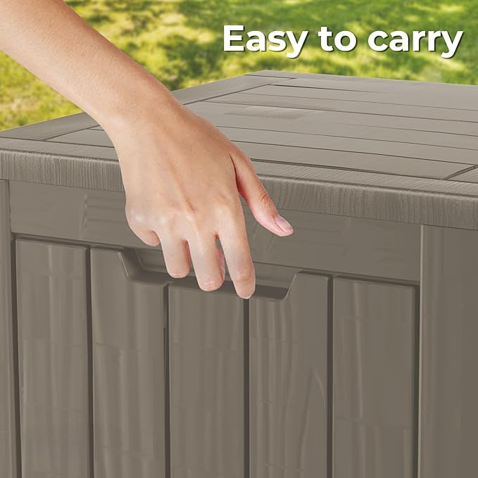 TARKARI 35 Gallon Small Waterproof Outdoor Storage Box, Resin Deck Box Lockable for Patio Furniture, Garden Tools, Pool Accessories, UV-Resistant for All Weather Use, Greige