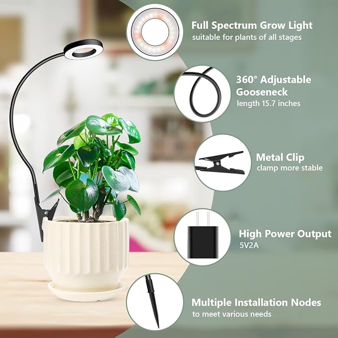Plant Light 2 Pack, Clip on Grow Lights for Indoor Plants, LED Full Spectrum Halo Grow Lamp with, 6/12/16H Timer, 5 Dimmable, 3 Modes, 2 Installation Options Clip or Plug