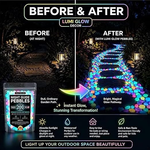 Night Guide Pebbles Solar, Colorful Glow-in-The-Dark Garden Stones, Beautiful Luminous Stepping Stones Glow Rocks for Landscaping Fish Tank Aquarium Walkway Decor (200, Multicolor)