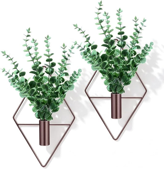 Canlierr 2 Pieces Wall Decor Hanging Planters with Artificial Plants Metal Hanging Vase Indoor Plants Holder Modern Boho Wall Art for Bathroom Bedroom Living Room Decor(Eucalyptus, Bronze)