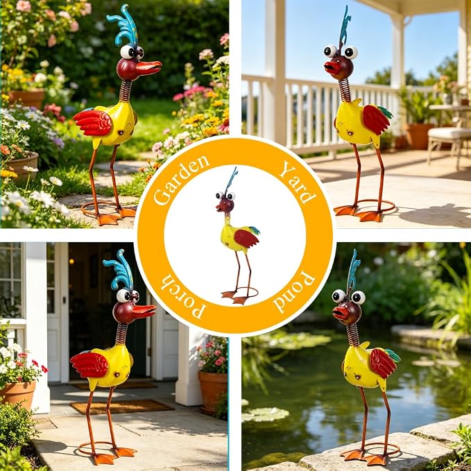 Metal Wacky Rooste Garden Statue, 20‘’ Rooster Decor Yard Statue Decorations Outdoor, Chicken Yard Art for Outside, Patio, Backyard, Lawn (Gold)