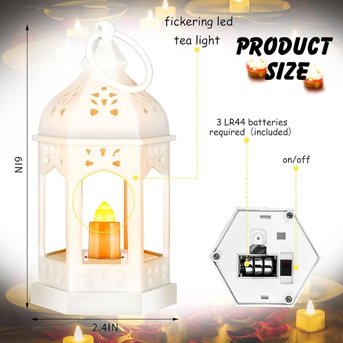 Hortsun 24 Pcs Vintage Lanterns Mini Lantern for Wedding Table Centerpiece Retro Decor with LED Candle Battery Powered Hanging for Medieval Wedding Cowboy Halloween Party Decoration Supplies(White)