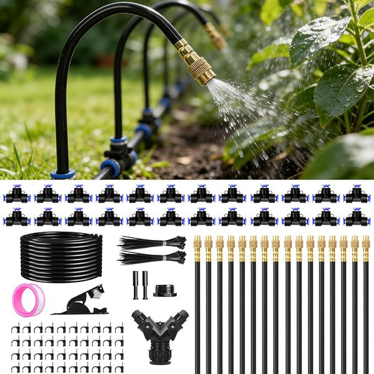 100FT 1/4" Drip Irrigation System, 2026 Upgrade Garden Irrigation Kit with 24pcs 360° Adjustable Copper Nozzles, DIY Watering System for Raised Beds, Yard, Lawn, Vegetable Gardens (100 ft)