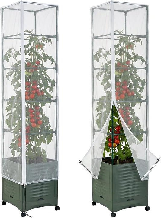 2 Pcs Garden Bird Netting Plant Cover for Square Tomato Cage, 78.7" x 21.6" Insect Bird Barrier Tomato Cage Net with Zipper & Drawstring, Tomato Trellis Netting Protection Cover for Protecting Plants