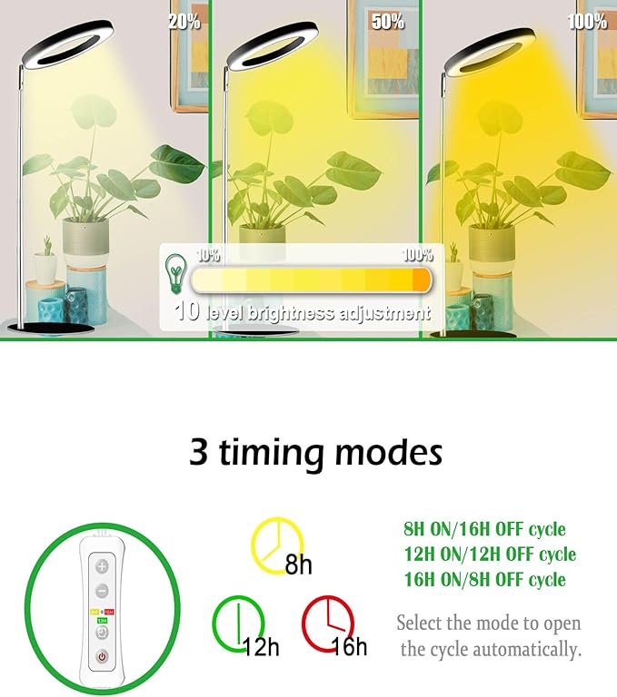 yadoker 144 LEDs Full Spectrum Plant Grow Light for Indoor Plants,Height Adjustable, 6.3" Aluminum Housing,Automatic Timer with 8/12/16 Hours,10-Level Brightness,Black Plant Light with Base,2 Pack