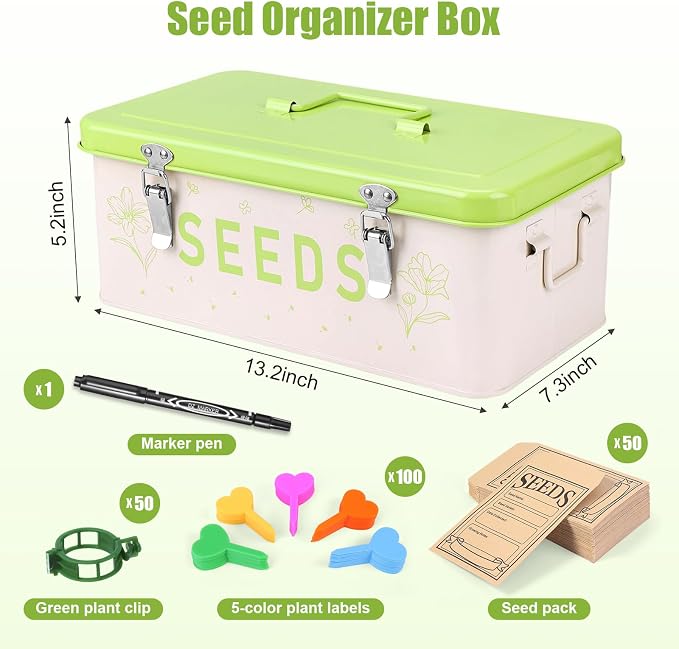 Seed Storage Organizer Box – Large Metal Seed Box with Dividers, 50 Envelopes, 100 Plant Labels, 50 Clips & Marker Pen | Seed Packet Container for Garden