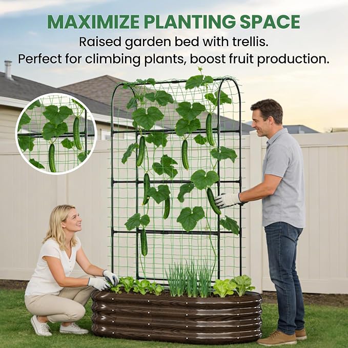 2 in 1 Galvanized Raised Garden Bed with 71" H Arch Trellis for Climbing Plants, Outdoor Gardening Planter Box with Climbing Net for Flowers Vegetables Fruits Herbs, Wood Grain