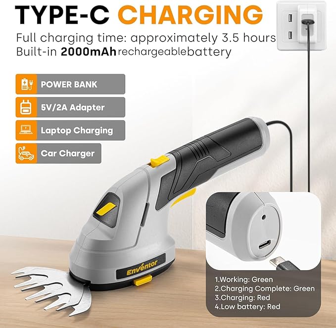 Enventor Cordless Hedge Trimmer and Grass Shear, 7.4V 2000mAh Rechargeable Battery, 2-in-1 Handheld Electric Grass Trimmer, Small Hedge Cutter with 2 Interchangeable Blades