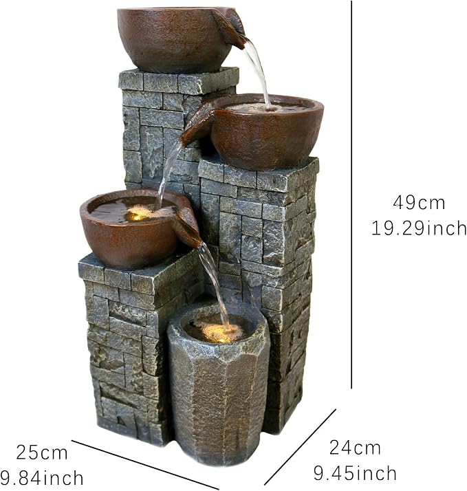 19.3'' H Modern Water Fountain with Lights, 4-Tier Resin Water Fountains with Soothing Water Sounds for Garden, Patio, Backyard and Home & Office Art Decor (Brown)
