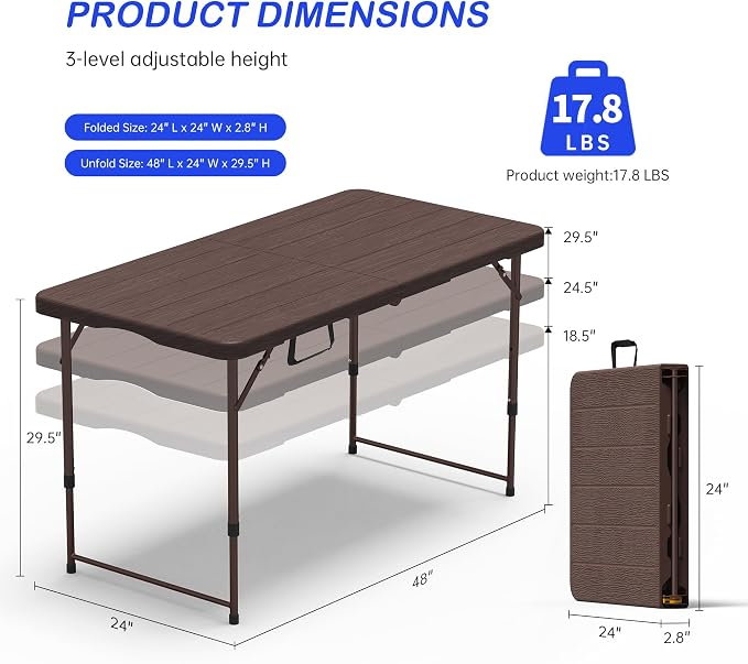VSOAEIL Folding Table 4 Foot for Indoor Outdoor, Portable Heavy Duty Fold-in-Half Utility Small Plastic Adjustable Height Folding with Carrying Handle for Picnic Camping and Party, Brown