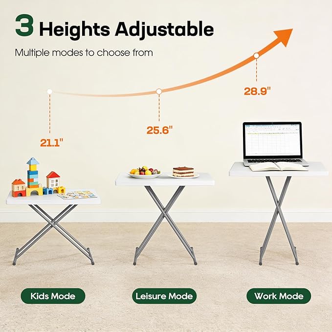 BestOffice 30 Inch Picnic Table, Utility Foldable Tray Table for Small Spaces, Small Desk Adjustable Height for Party Event, Camping, White