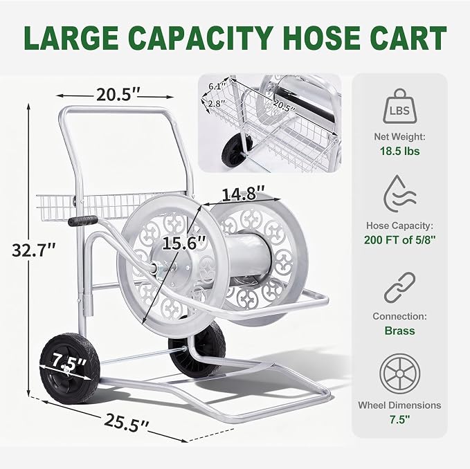Outvita Garden Hose Reel Cart, Heavy Duty Water Hose Cart for Outside, Lawn Watering, for Garden, Yard, Lawn, Farm, Hold Up to 200 ft of 5/8’’ Hose, 2 PU Wheels, Storage Basket (Silver)