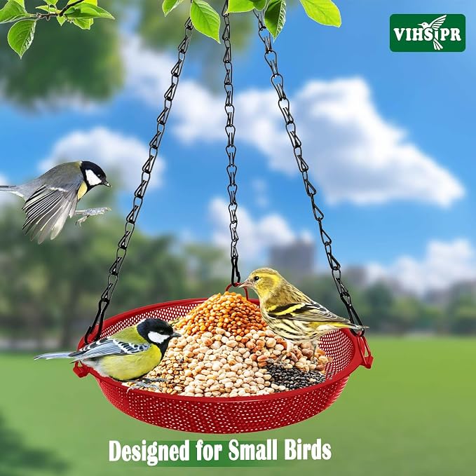 Hanging Bird Feeder for Outdoors – 9 in Metal Mesh Bird Feeder Tray Platform for Finches, Chickadees & Small Birds, Red