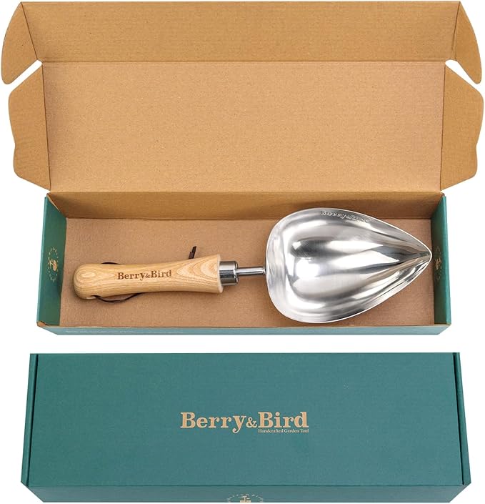 Berry&Bird Garden Oversized Soil Scoop, Stainless Steel Gardening Trowel with Wood Handle Multi Function Hand Shovel Spade Spoons for Transplanting, Planting & Cultivation
