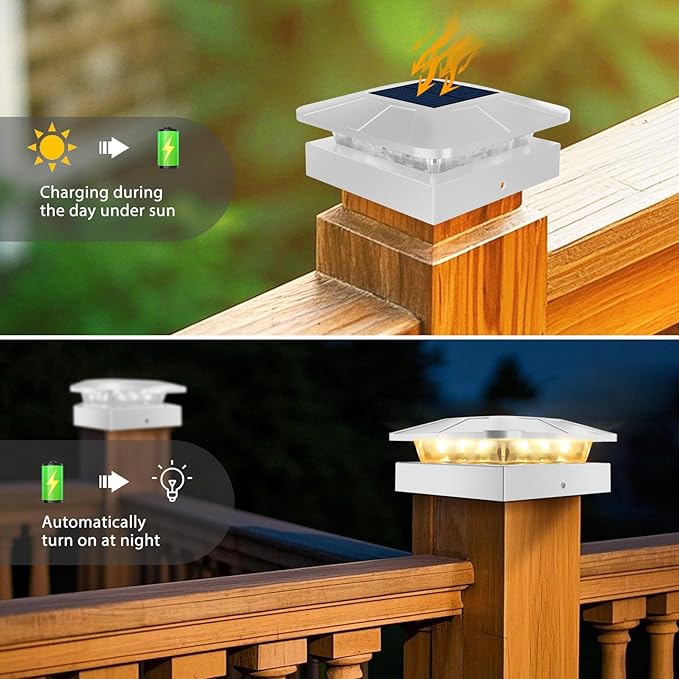 Peasur 4x4 Solar Post Cap Lights Outdoor with 3 Modes, 2 Packs White Fence Light Solar Powered Waterproof for 3.5×3.5/4x4 Wood/Vinyl Posts for Deck Yard Garden Patio Outside