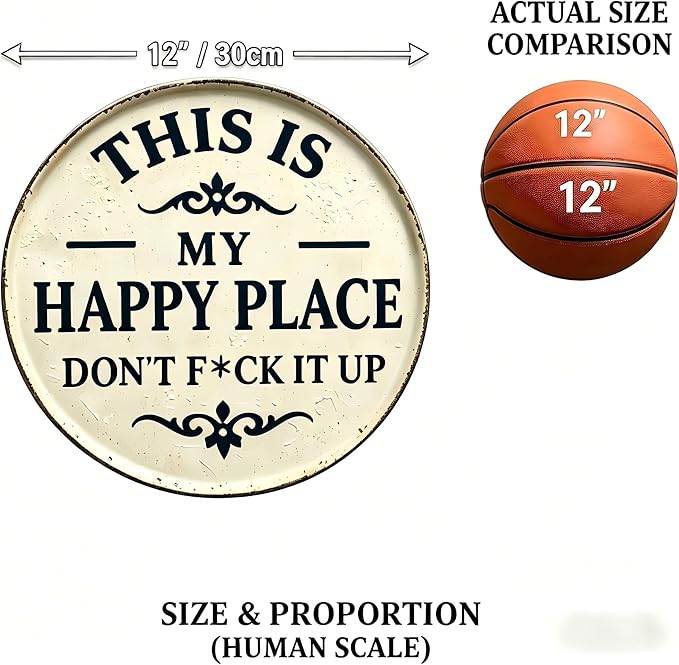 Funny Garden Metal Sign - "This Is My Happy Place Don't F*c* It Up" Vintage Outdoor Decor, 12" Round Tin Sign for Home, Farm, Bar & Patio, Aesthetic Wall Art Welcome Sign, Hilarious Gift for Gardeners