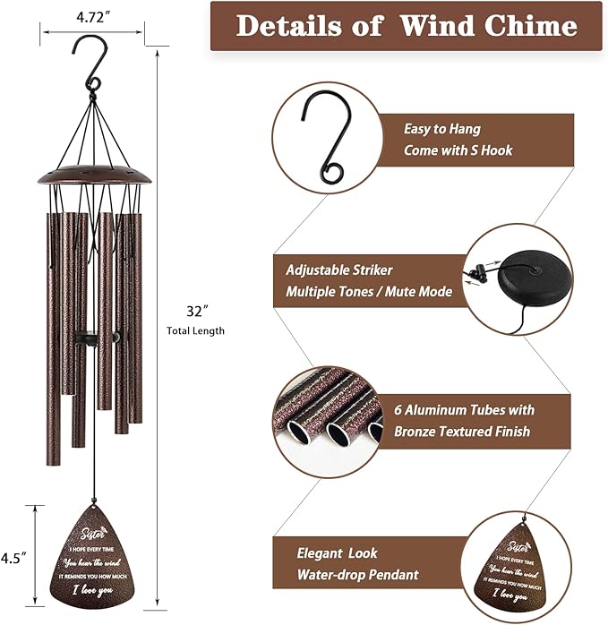 Soopau Sister Gifts, 32" Bronze Wind Chimes Sister Gifts for Women, Gifts for Sister, Sisters Gifts from Sister, Gifts for Sister in Law, Best Sister Ever Gifts