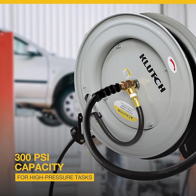 Klutch Auto-Rewind Air Hose Reel, with 3/8in. x 75ft. Rubber Hose, 300 PSI, Model# TLEXR3875-NT